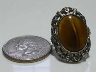 HIGHLY ORNATE FLORAL FLOWER UNCAS STERLING SILVER TIGERS EYE ART DECO RING 6.  75 3