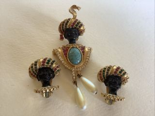 Vintage Signed Blackamoor Brooch Pin And Earrings Rhinestones Turquoise E2658
