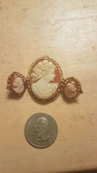 Vintage 14k Gold Carved Cameo Portrait Brooch Pin And Earrings