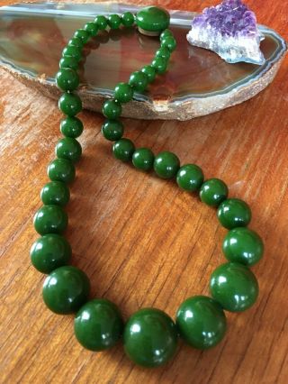 Antique German Faturan Amber Bakelite Spinach Green Bead Necklace 1920s Rare