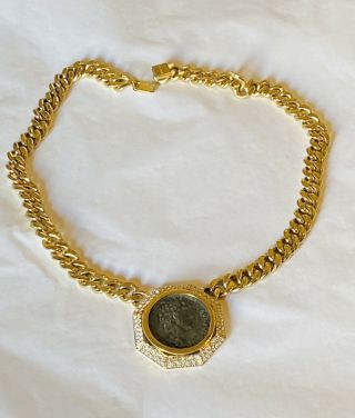 Vintage Signed Ciner Roman Coin Crystal Pendant Gold Plated Link Necklace