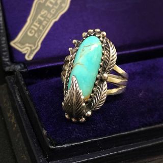 Vintage Navajo Sterling Silver Turquoise Squash Blossom Ring Sz - 9.  25 Heavy 12g