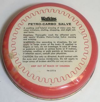 Vintage Watkins Petro Carbo Salve Tin 4 3/4 Ounces