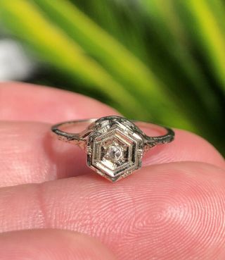 Antique Art Deco 18k White Gold Old Cut Diamond Wedding Filigree Ring