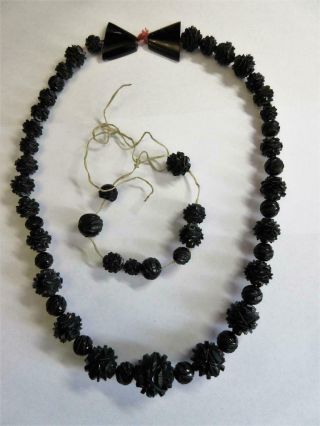 Antique Victorian Carved Whitby Jet 24 " Long Mourning Necklace - Large Beads