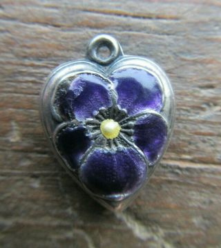 Rare Vintage Sterling Silver Purple Enamel Pansy Flower Puffy Heart Charm