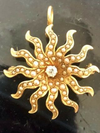 14k Yellow Gold Star Sun Flower Seed Pearl Pin Brooch Pendant Diamond Vintage