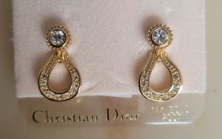 Vintage Signed C Dior 14k Gold Plated Earrings W Austrian Crystal 011