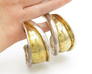 Israel 925 Silver & 14k Gold - Vintage Large Two Tone J - Hoop Earrings - E8482
