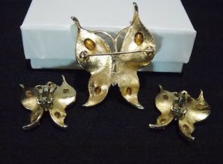 Vintage Crown Trifari Butterfly Brooch & Clip Earrings Set Gold Tone Rhinestones 2