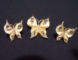 Vintage Crown Trifari Butterfly Brooch & Clip Earrings Set Gold Tone Rhinestones 3