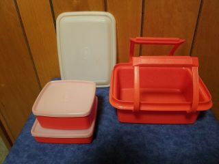 Orange Vintage Tupperware Pak N Carry Lunch Box Kit Tote 7 Pc.  W/ Handle Pack