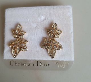 Vintage Signed C Dior 14k Gold Plated Earrings W/ Austrian Crystal 05