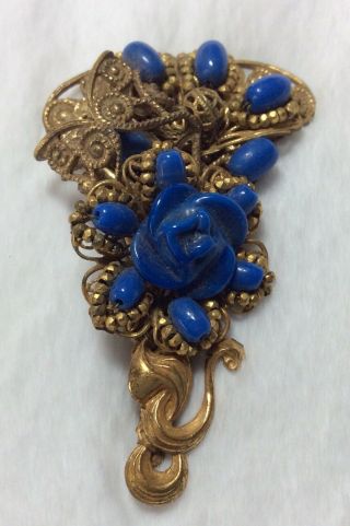 Vintage Miriam Haskell Signed Gold Tone Brooch Pin Blue Glass Flower Bouquet