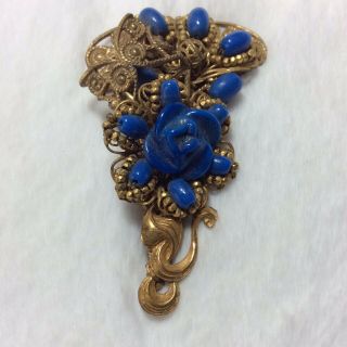 Vintage Miriam Haskell Signed Gold Tone Brooch Pin Blue Glass Flower Bouquet 2