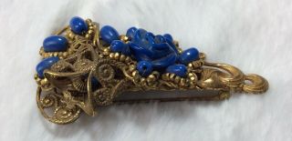 Vintage Miriam Haskell Signed Gold Tone Brooch Pin Blue Glass Flower Bouquet 3