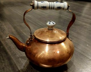 Antique/vintage Copper Tea Pot With Porcelain Handle