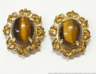 Vintage Tiger Eye Golden Citrine Halo Earrings Ladies Solid Gold Designer Signed
