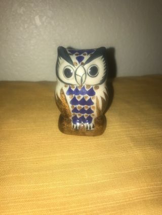 Ceramic Blue Brown Owl Toothpick Holder Vase 3 1/2 Inches Tall Mexico? Tonala