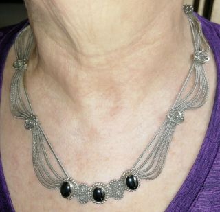 Antique 5 Strand Sterling Silver Bracelet & Necklace,  Onyx Stones,  83.  1 Grams