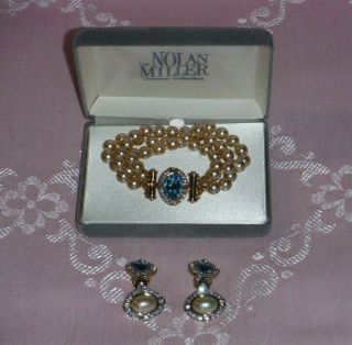 Nolan Miller Empress Blue Topaz And Pearl Bracelet & Earrings - Cond
