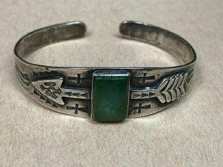 Old Vintage Fred Harvey Era Silver Stamped Green Turquoise Cuff Bracelet