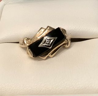 Antique Estate Art Deco 10k Yellow Gold Black Onyx Diamond Ring Sz 6.  5