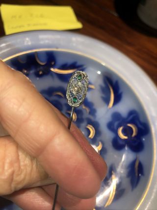 Estate 14K White Gold Diamond Emerald Filigree Stick Pin 2.  1 Gr Art Deco Vintage 2