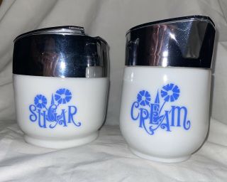 Vintage Gemco Sugar Bowl Cream Pitcher Set White Milk Glass Blue Flowers 1960s