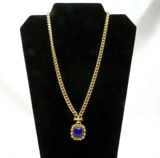Christian Dior Designer Signed Gold Plated Chain Blue Stone Necklace