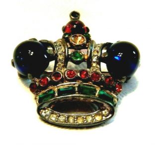 1944 Trifari Royal King Crown Sterling Brooch Pat 137542 Emerald Sapphire Ruby