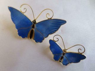 2 David - Andersen Norway Sterling Gold Vermeil Blue Enamel Butterfly Pins 14 - 750