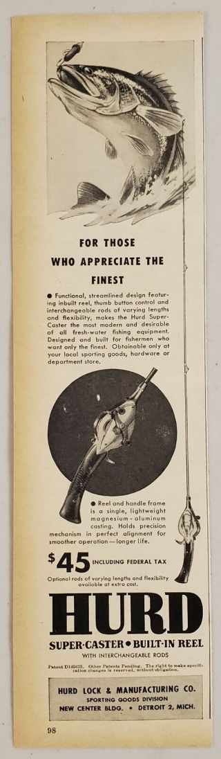 1947 Print Ad Hurd - Caster Fishing Rod With Built - In Reel Hurd Lock Detroit