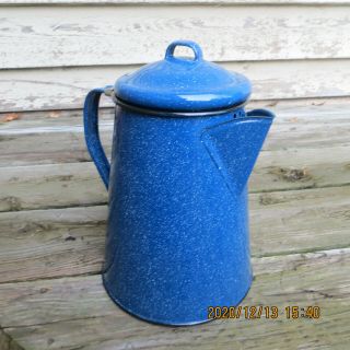 Vintage Enamelware Graniteware Coffee Pot Dark Blue White Speckles