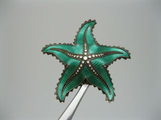 Old Ivar T Holth Norway Sterling Silver & Enamel Green Starfish Pin