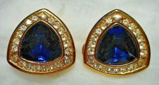 Signed Christian Dior Clip Earrings - Gold - Tone W Faux Sapphire & Rhinestones