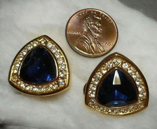 Signed Christian Dior Clip Earrings - Gold - tone w Faux Sapphire & Rhinestones 2