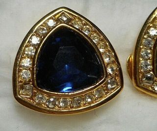 Signed Christian Dior Clip Earrings - Gold - tone w Faux Sapphire & Rhinestones 3