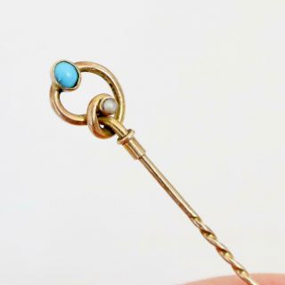 9ct Solid Gold Art Nouveau Murrle Bennett Stick Pin With Seed Pearl & Turquoise