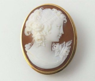 750 Italy 18k Gold Carved Cameo Pin Pendant Lady Ornate Hair & Flowers Signed