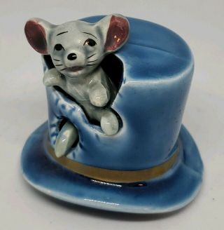 Vintage Mouse In Blue Top Hat Ceramic Small Figurinevjapan Mcm Retro 2 1/2 " Tall