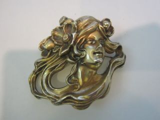 William B Kerr Art Nouveau Sterling Silver Lady Repousee Brooch