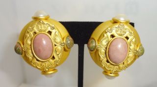 Natasha Stambouli Gold Plated Semi Precious Stones Etruscan Style Clip Earrings