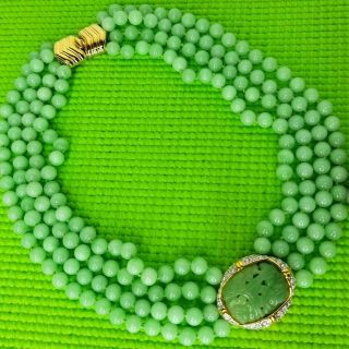Gorgeous Nolan Miller Faux Carved Green Jade Multi - Strand Knotted Necklace