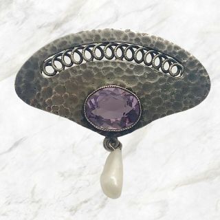 Liberty Style Arts And Craft Silver Brooch With Amethyst And Pearl Drop