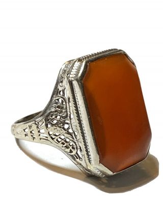 Art Deco 18k White Gold 15 Ct Amber Cocktail Filigree Ring Sz 7