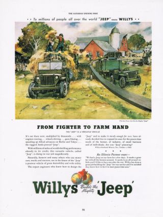 Willys Jeep " Fighter To Farm " Ww2 Two Sided Ad Reprint Laminated Ad Art