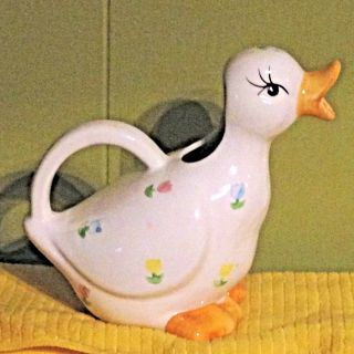 Duck Pitcher W/ Handle Glazed Ceramic Floral Water Jug Spout Creamer Shabby Chic