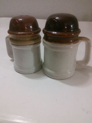 Vintage Brown Stoneware Large Salt And Pepper Shakers With Handles