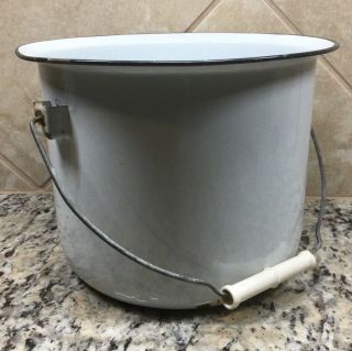 Vintage White Enamel Ware Bucket W/black Rim And White Plastic Handle,  No Lid
